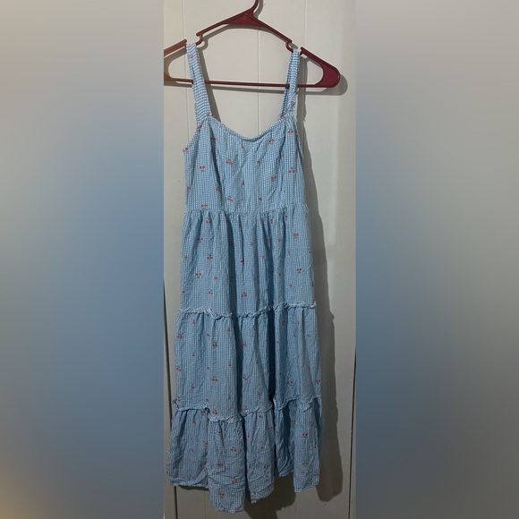 Japna Cherry Print Blue Gingham Pattern Sleeveless Dress - Picture 2 of 5